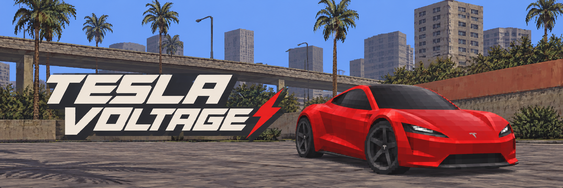 Tesla Voltage racing wordmark beside a red low-poly Roadster in a palm-lined city